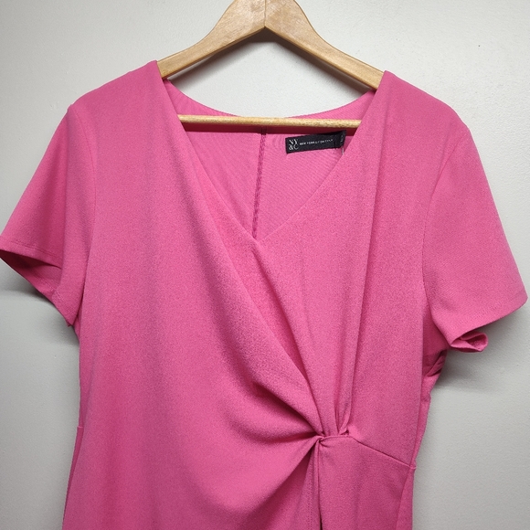 New York & Company Midi Dress Women Size XL Pink Stretch Short Sleeve V-Neck - Picture 2 of 11
